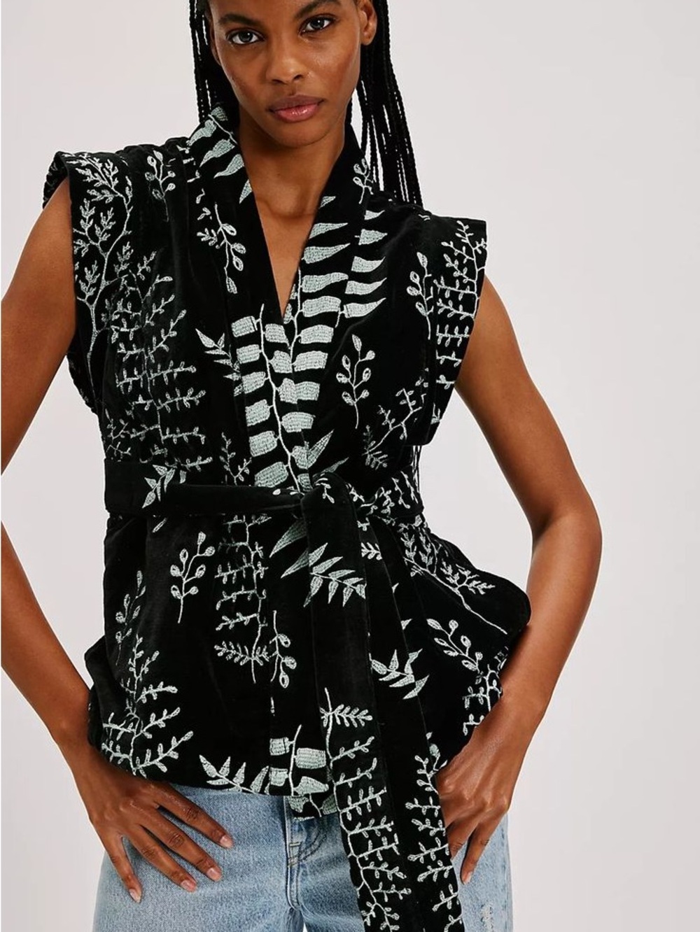 Black Velvet Sleeveless Embroidered Wrap Vest with Tie Belt